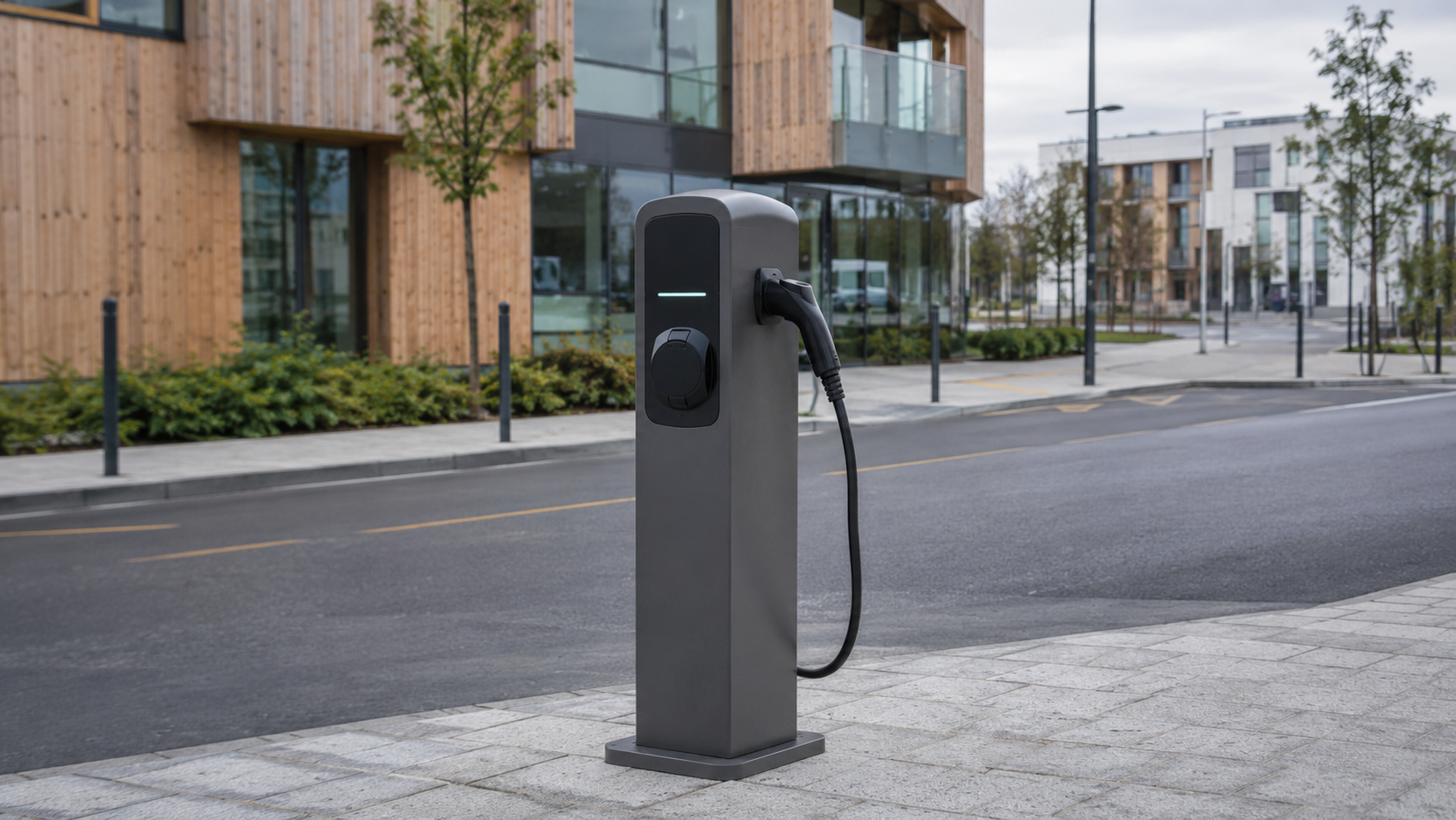 Borne de recharge publique sur un trottoir en pavés, rue urbaine du Grand Ouest
