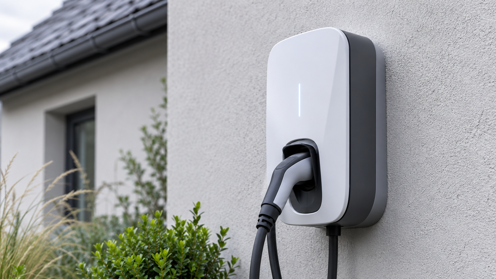 Borne de recharge murale sur la façade d'une maison individuelle du Grand Ouest