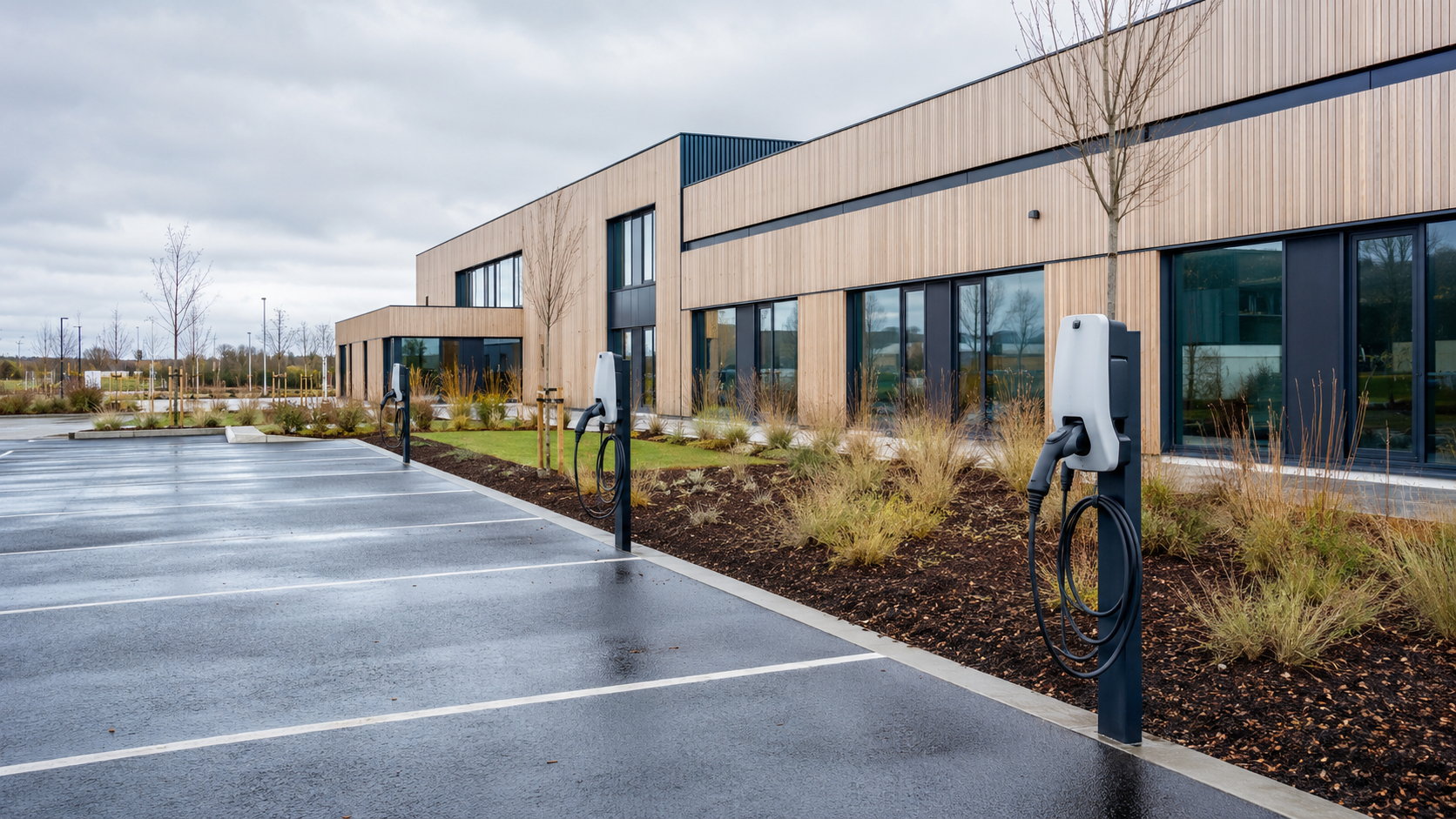 Parking d'entreprise équipé de plusieurs bornes de recharge pour véhicules électriques